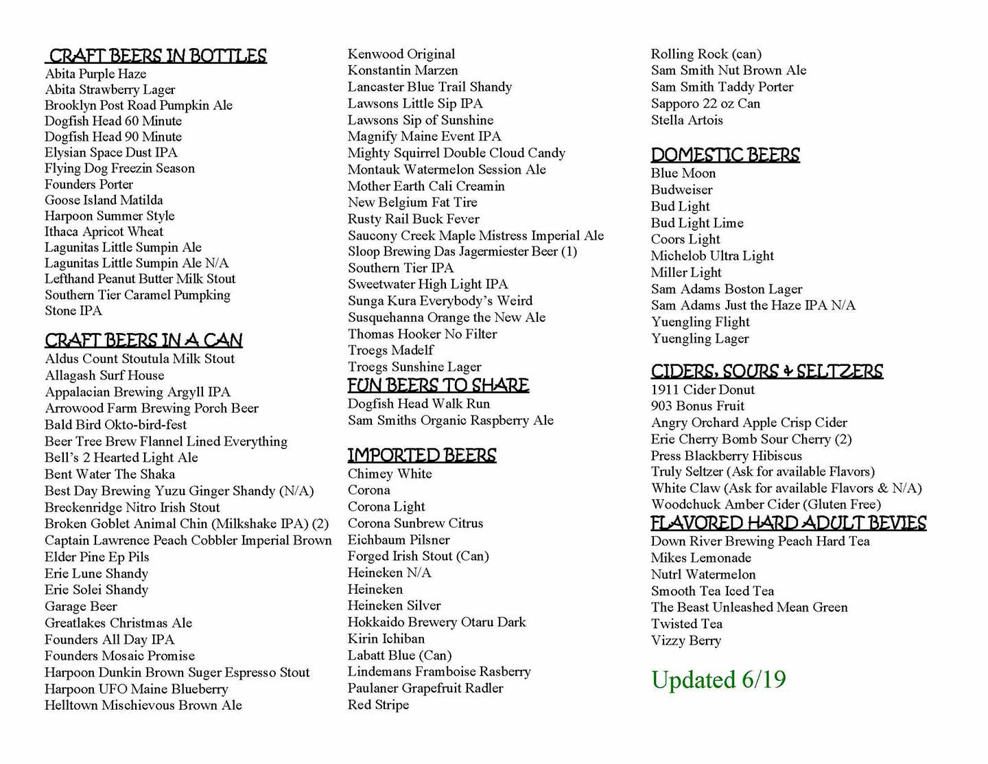 Sarah Street Gril Beer List
